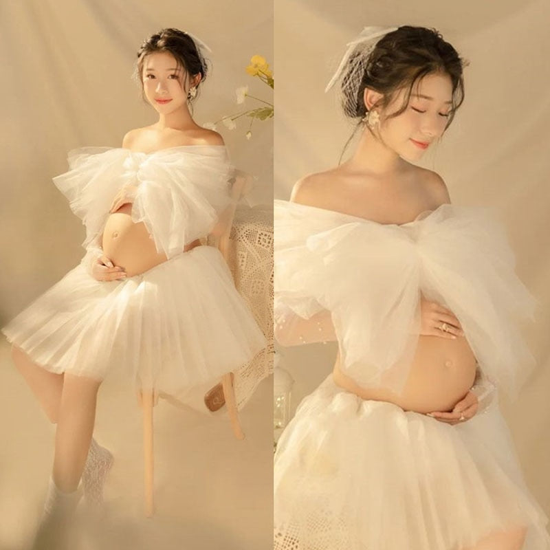 nvxiot Maternity Dress Set for Photo Shoot Summer Sexy Shoulderless White Tulle Top+ Skirt 2 Pieces Set for Pregnant Women Photography