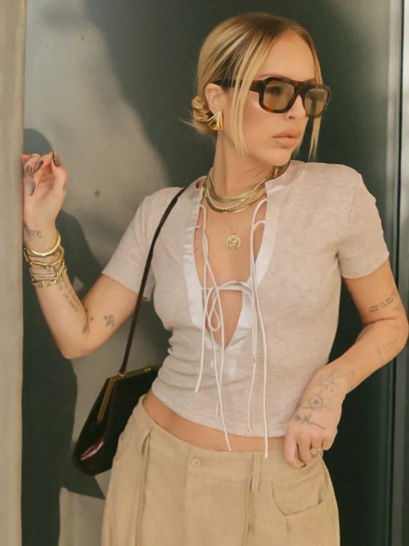 nvxiot - Fashion Short Sleeve Bandage T-shirt 2024 Woman Clothes O-neck Lace-up Slim Crop Top Streetwear Female Coffee Contrast Color Tee