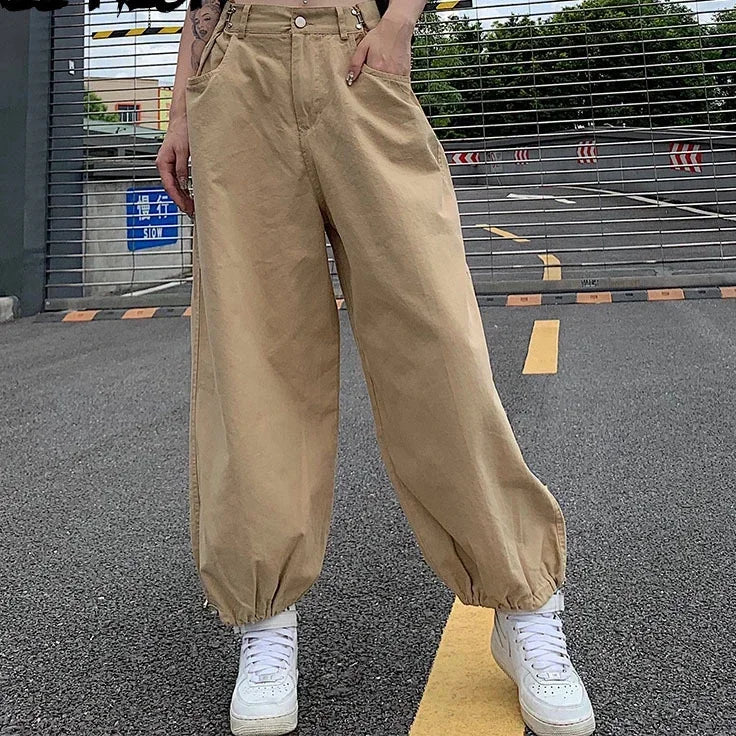 nvxiot - Women Y2K Khaki Adjustable Waist Oversized Cargo Pants Loose Fashion New Drawstring 90s Long Pant Fall Hip Hop Streetwear