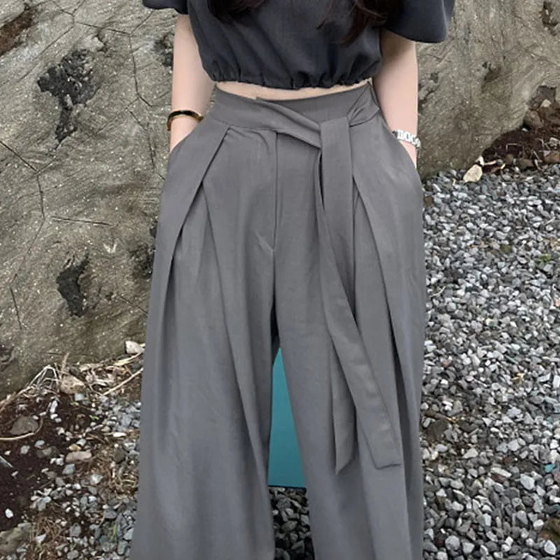 nvxiot - Fashion Women Wide Leg Pants Korea Chic High Waist Loose Mopping Suit Pants Elegant Lady Pleated Belt Strap Black Loose Trousers
