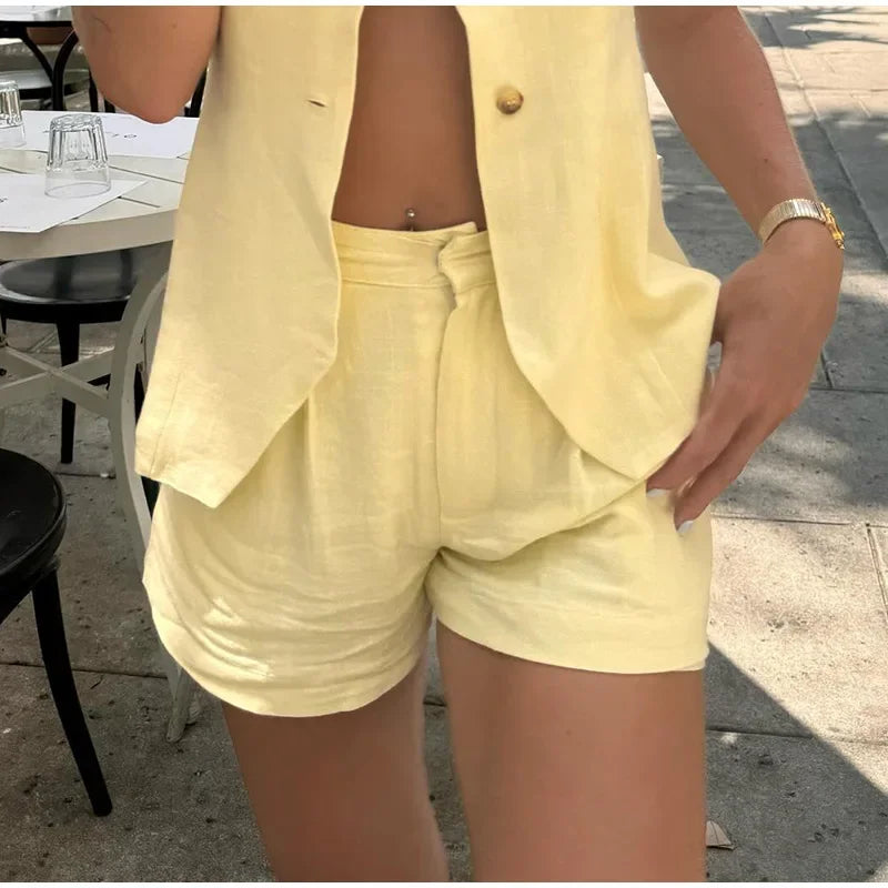 MQTIME - Casual Shorts Sets Women Single Breasted O-neck Sleeveless Vest High Waist Shorts 2024 Summer Slim Solid Office Lady Outwear