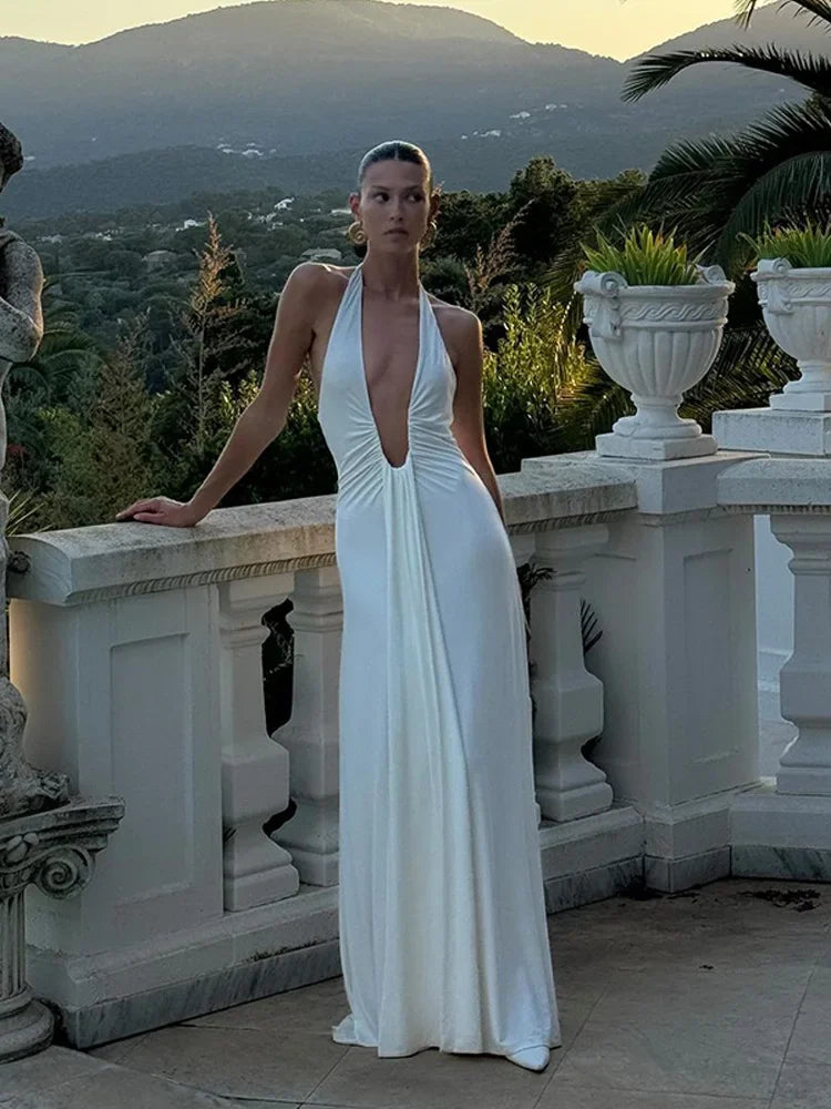 MQTIME - Sexy Deep V Neck Halter Maxi Dress For Women Chic Backless Pleated Waist Skinny Long Skirt Lady Summer Evening Party Robes