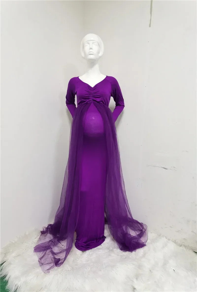 nvxiot - Summer Maternity Tulle Long Dresses Baby Shower Cotton Dress Stretchy Pregnancy Photography Dress with Cape Long Train