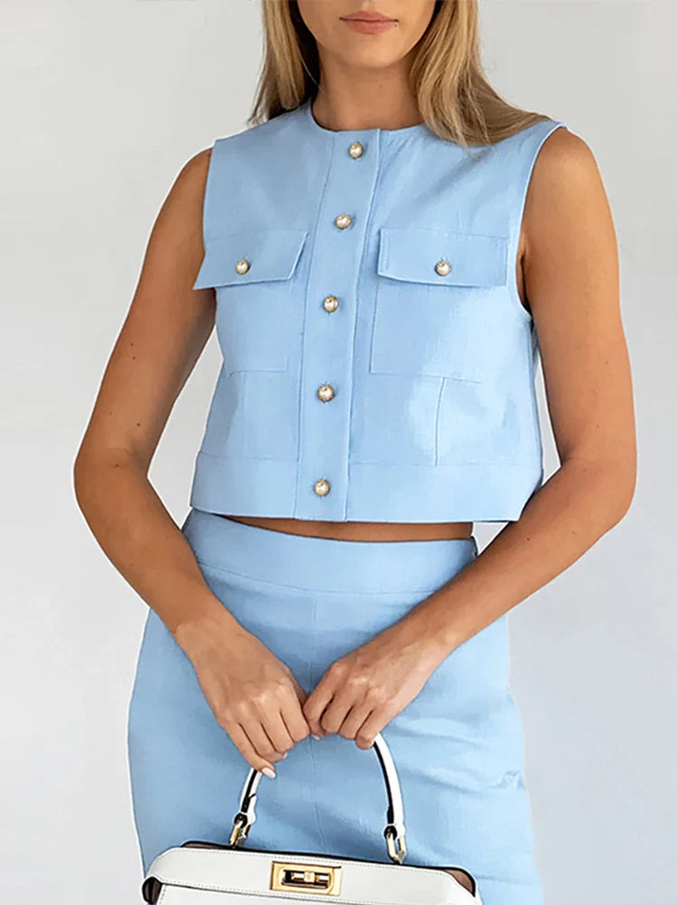 MQTIME - Elegant Two-piece Skirt Suit Women Casual Single Breasted Tops Elastic Waist Midi Skirt 2024 Summer Office Lady Slim Fit Outfits