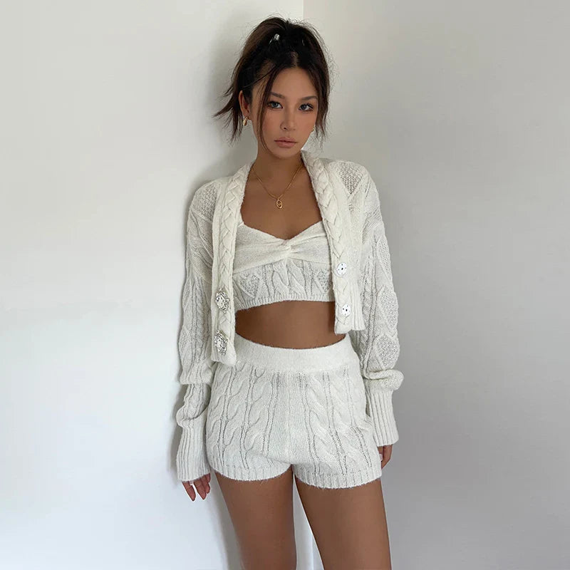 MQTIME - Two Pieces Set, 3 Piece Set, Solid Outfit Button Crystal Rhinestone Sweater Coat Crop Top, Elastic Waistband Short Tracksuit y2k