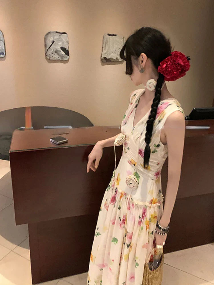MQTIME - Summer Woman Holiday Dress Elegant Floral Midi Dress Beach Style Sexy Sleeveless Dresses Harajuku Outwear Korean Fashion Dress