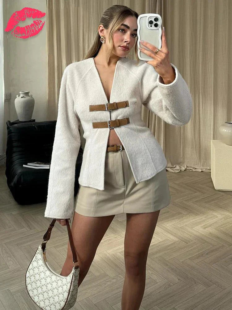 nvxiot - Lace-Up V-Neck Fashion Outwear For Women Patchwork High Waist Cropped Elegant Party Clothes Autumn Bandage Coat Y2k Top