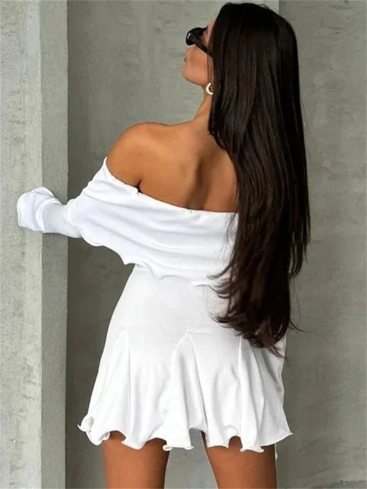 nvxiot - Ruffled Off-Shoulder Casual MIni Dress For Women Long Sleeve Patchwork Solid High Waist Party Dress Female Dress Autumn