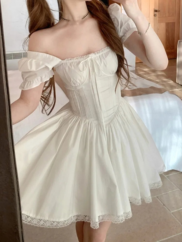 MQTIME - Y2K Princess Lace Patchwork Kawaii Dress Women Square Collar Off Shoulder Lace Up A-line Puff Sleeve French Style Party Dresses