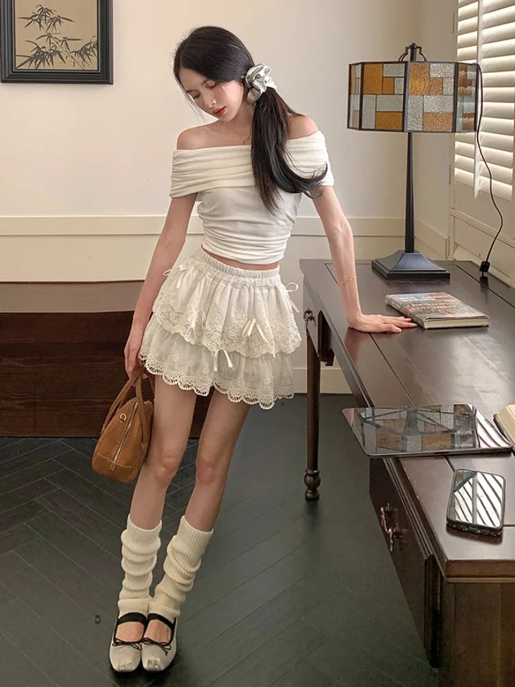 MQTIME - White Lace Mini Skirt Women Ballet Style Bow Kawaii High Waisted A-line Skirt Summer Fashion Cutecore Girl Clothing New