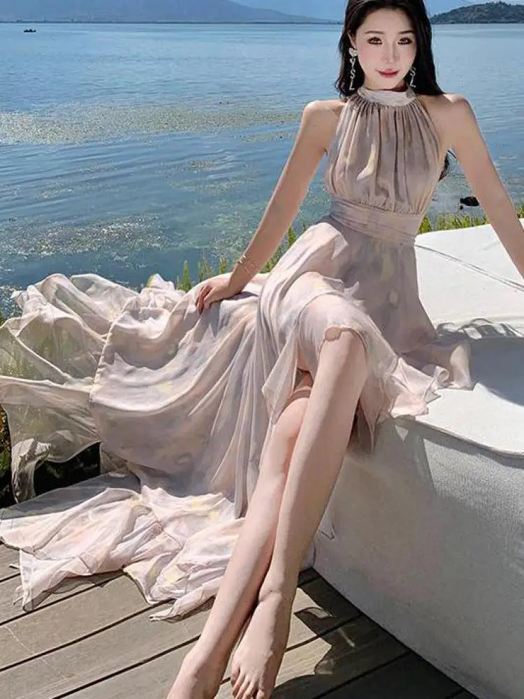 nvxiot - Summer Retro Print Halter Sleeveless Backless Slim Bodycon Birthday Dress Women Party Elegant Irregular Pleated Long Dress