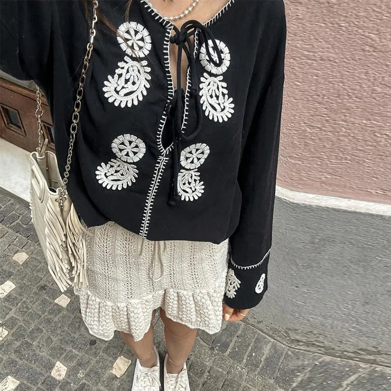 MQTIME - Embroidery Hollow Out Shirts Women Casual Bow Lace Up O-neck Flare Long Sleeve Blouses Lady 2024 Spring Summer Elegant Tops