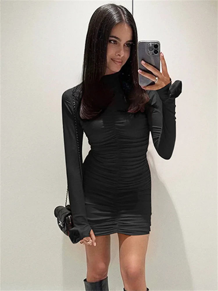 nvxiot - Floral Slim Pleated Mini Dress Women's Long Sleeve High Waist Solid Casual Sexy Y2k Dress Female Autumn Clothes Mini Dress