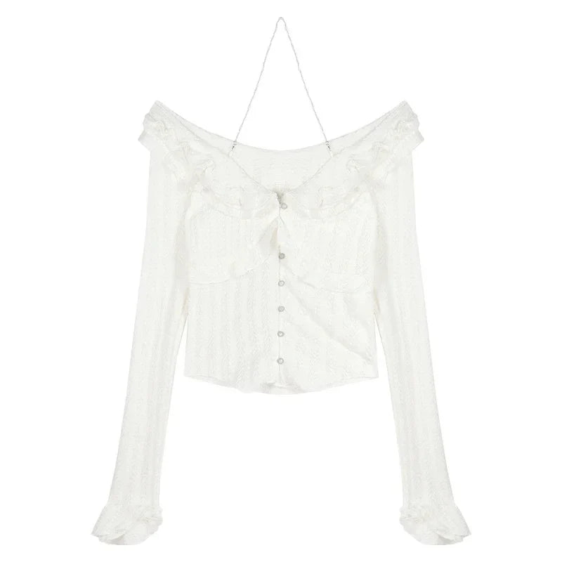MQTIME - Women Crop Top Halter Chain T Shirt elegant t-shirt blusas korean clothing long sleeve tee stylish grunge aesthetic y2k cropped