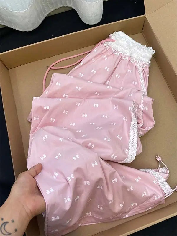 MQTIME - Summer Thin Pants White Lace Drawstring Elastic Waistband Bow Print Jogger Pant Women 2024 tracksuit korean woman clothing y2k
