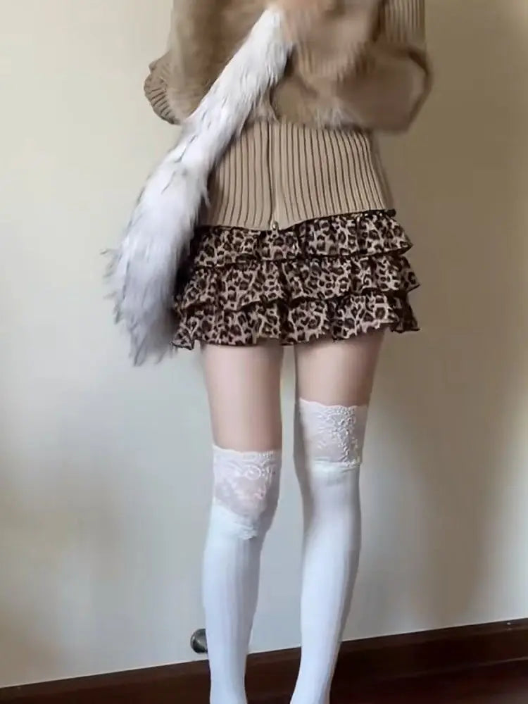 MQTIME - Leopard Pattern Short Skirt for Women Subcultural Punk Y2K Spicy Girl Spliced Spring/Summer New High Waist A-line Cake Skirt