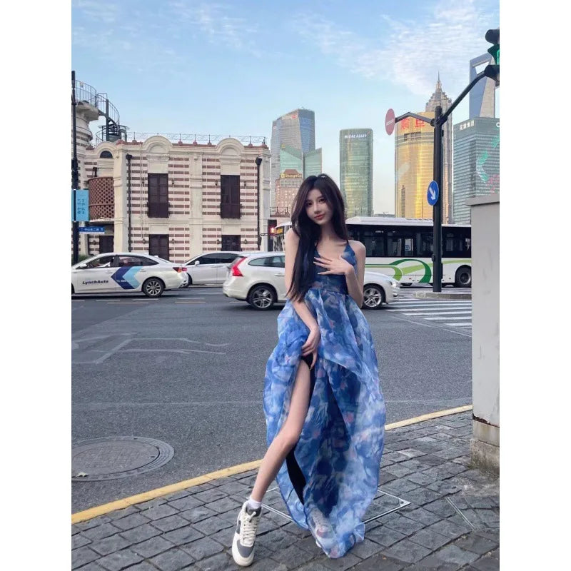MQTIME - Floral Halter Dress Female Summer Dress Beach Holiday Beach Dress Fairy Dress Vibe Dress Casual Style Beach Dress