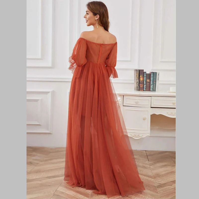 nvxiot - One Line Neck Maternity Ceremonial Dresses Short Sleeved Gauze Solid Color Long Pregant Dress Classic Cozy Photography Clothing
