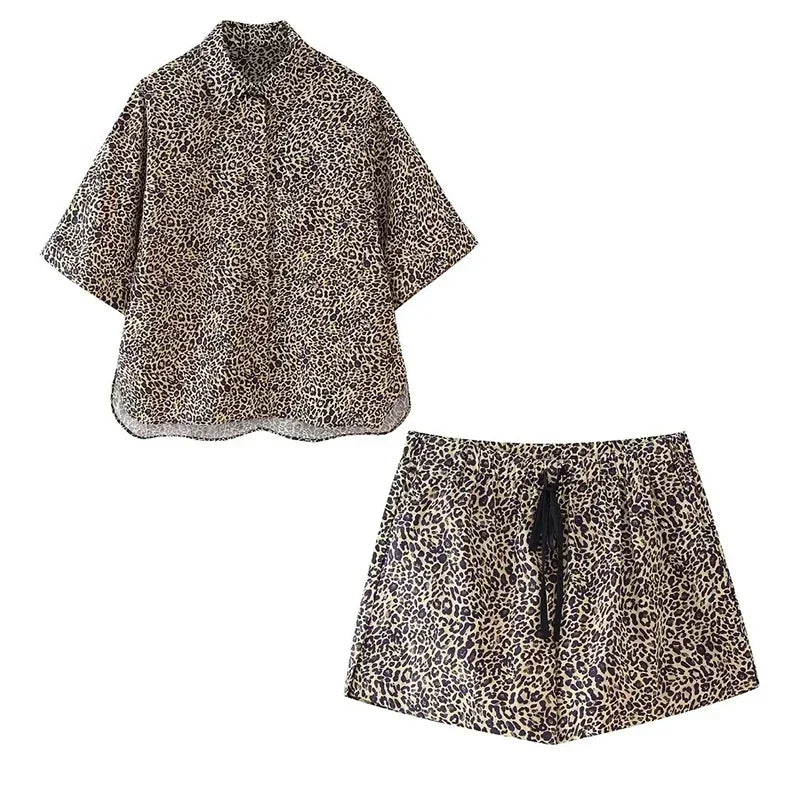 MQTIME - Leopard Print Shirts Shorts Sets Women 2024 Summer Single Breasted Lapel Short Sleeve Shirt Wide Leg Drawstring Shorts Outfits