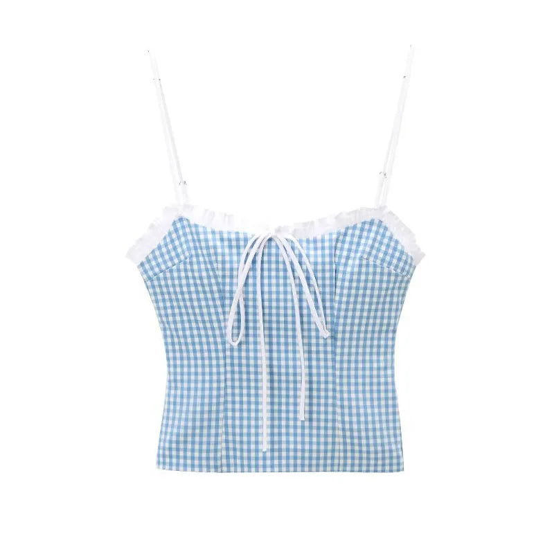MQTIME - Woman's Fashion Sexy Slim Tank Top Blue Plaid Sleeveless Backless Bow Lace-Up Decorate Summer Short Tops Woman Trendy