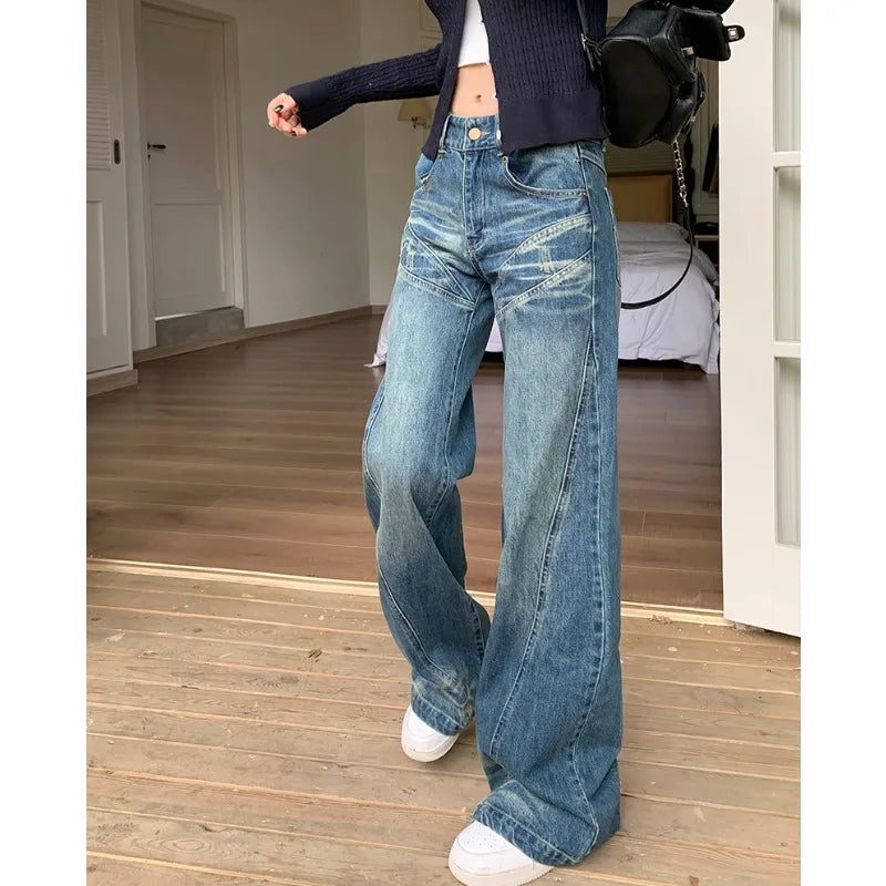 nvxiot Korean Retro Splicing Loose Casual Jeans Y2K Women Autumn New High Waist All Match Washed Denim Wide Leg Pants