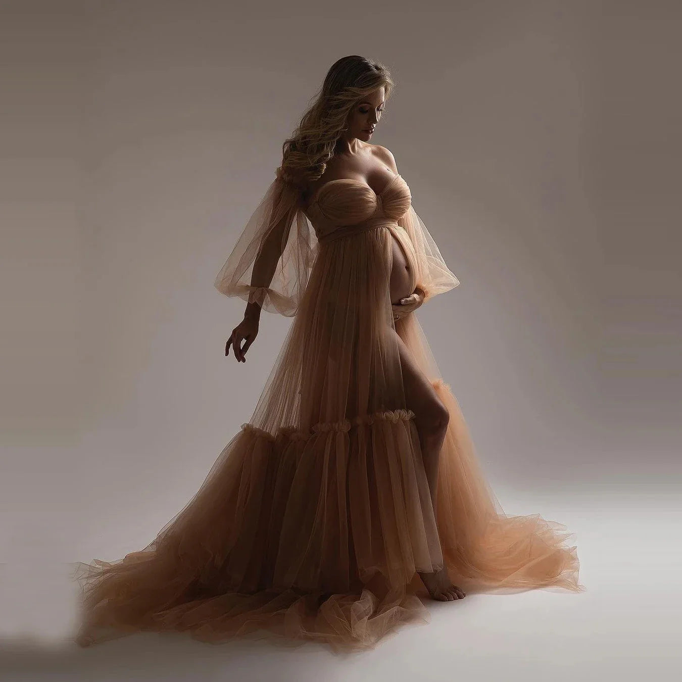 nvxiot Fluffy Tulle Maternity Dresses for Photo Shoot Tiered Ruffle Tulle Tan Pregnancy Maternity Gown Removable Sleeve Maternity Dress