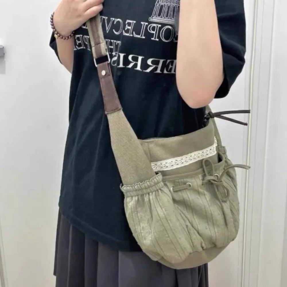 nvxiot - Sweet Cool Bow Canvas Shoulder Bags Women Vintage Drawstring Chic Casual Crossbody Bag Ladies Retro Messenger Bag Bolsos