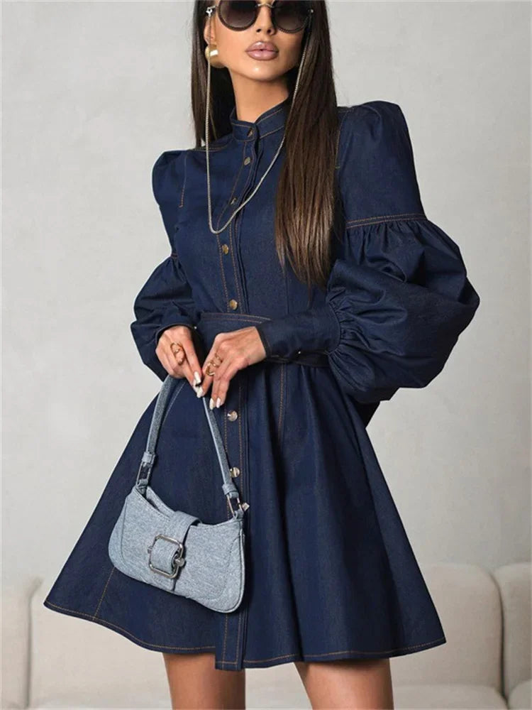 MQTIME - Fashion Lace-Up Denim Mini Dress For Women Patchwork High Waist Bandage Jean Streetwear Female Slim Casual Dress Autumn