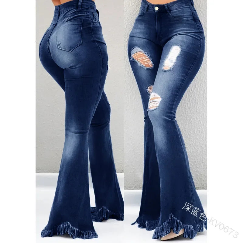 nvxiot - Women Ripped Vintage Fashion All-match Slim Pants Ladies Denim Flare Jeans Denim Skinny Female Wide Leg Hole Trousers Pop
