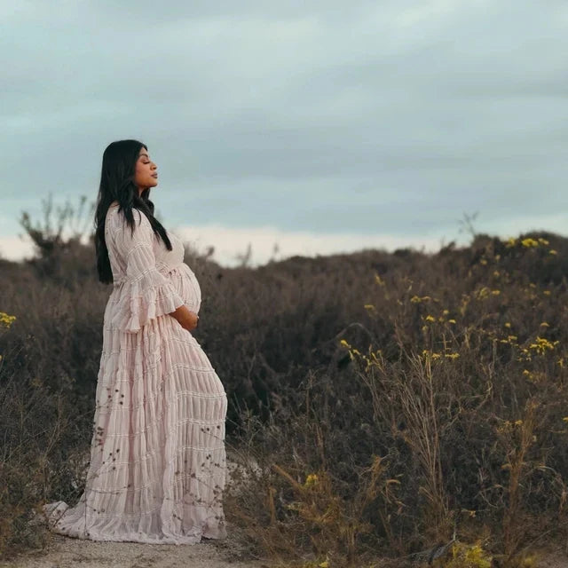 MQTIME - Pleat Mesh Boho Maternity Dress For Photography Props V-neck Sides Slit Bohemian Pregnancy Photo Shoot Dress