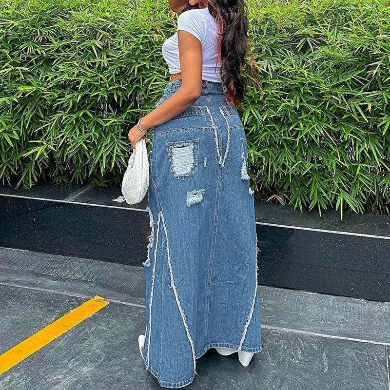 nvxiot - Tassel Hole Denim Maxi Skirts Women High Waist Button Fly Split Ripped Long Jeans Skirt Fashion Casual Streetwear Bottoms