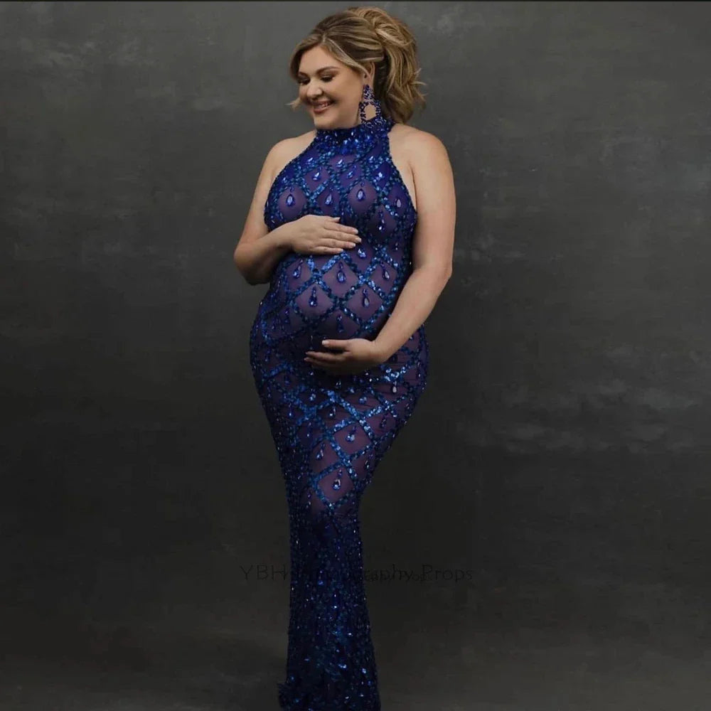 nvxiot - Maternity Photography Sexy Shiny Goddess Bodysuit Rhinestone Maternity Dress For Photo Shoot