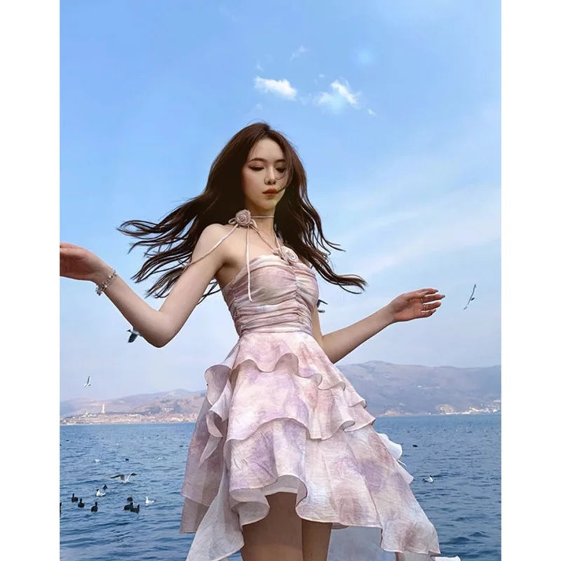 nvxiot Summer Pink Dresses for Women Backless Chic Sling Ruffled Temperament Sexy Fashion Suspender Simple Y2K Elegant New Dresses