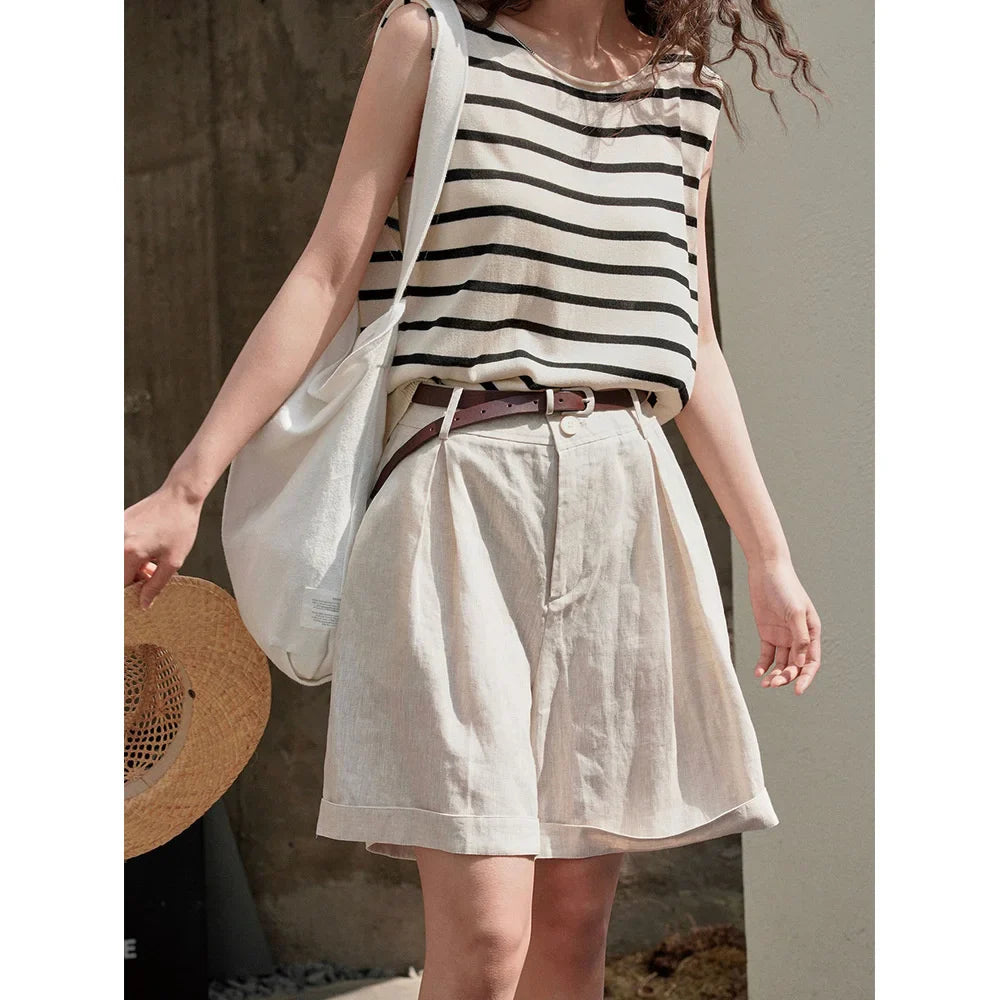 nvxiot - Summer Korea Style Lazy Linen Curled Shorts Wide Leg Loose Slim Casual Hot Pants For Women