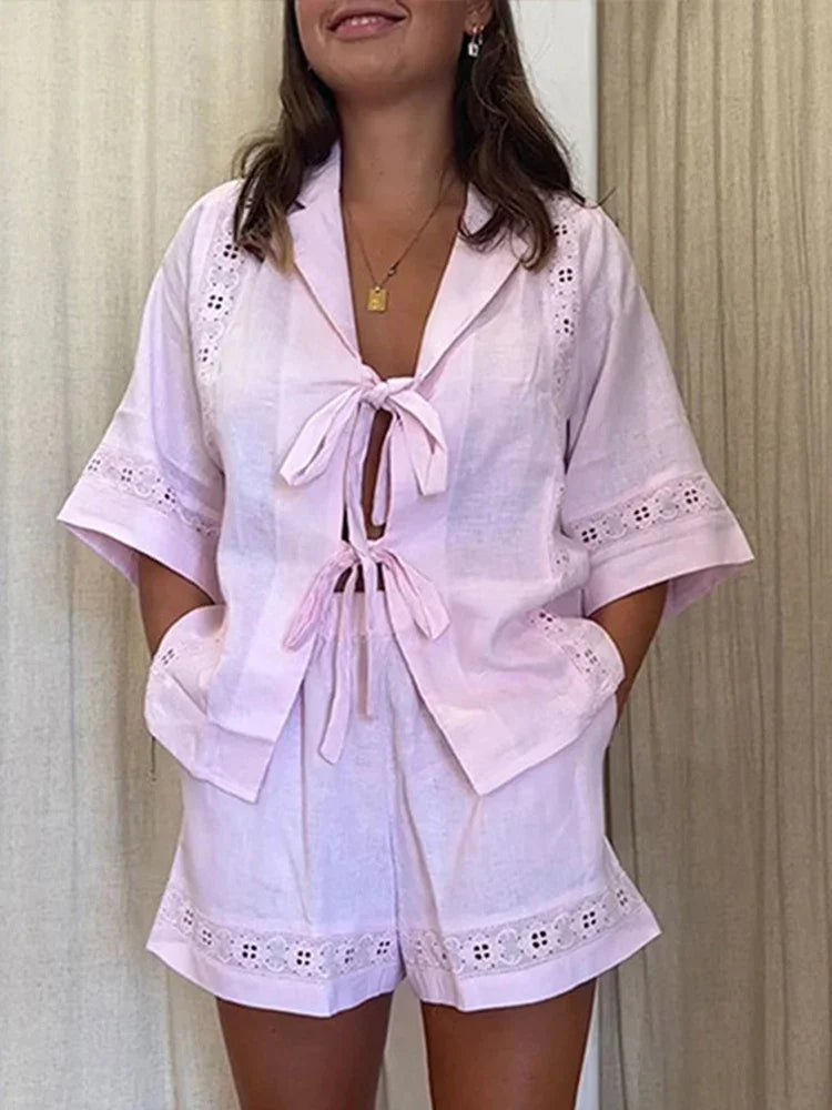MQTIME - Embroidered Shorts Suit Women 2 Piece Set Hollow Out Lapel Casual Short Sleeve Shirt Sets 2024 Summer Lady Commuter Beach Outfit