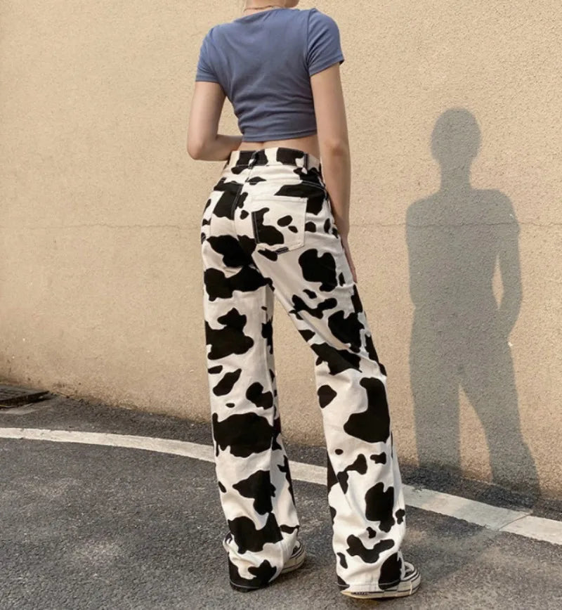 MQTIME - y2k Woman Pants Sexy High Waisted Pants Straight Trousers Cow Pattern Leg Street Style Single Breasted Printed Womens Trousers