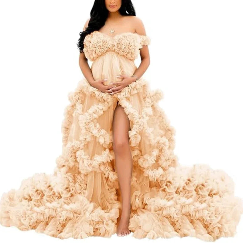 MQTIME - Maternity Photoshoot Tulle Maxi Gown Baby Shower Dress Tiered Ruffles Party