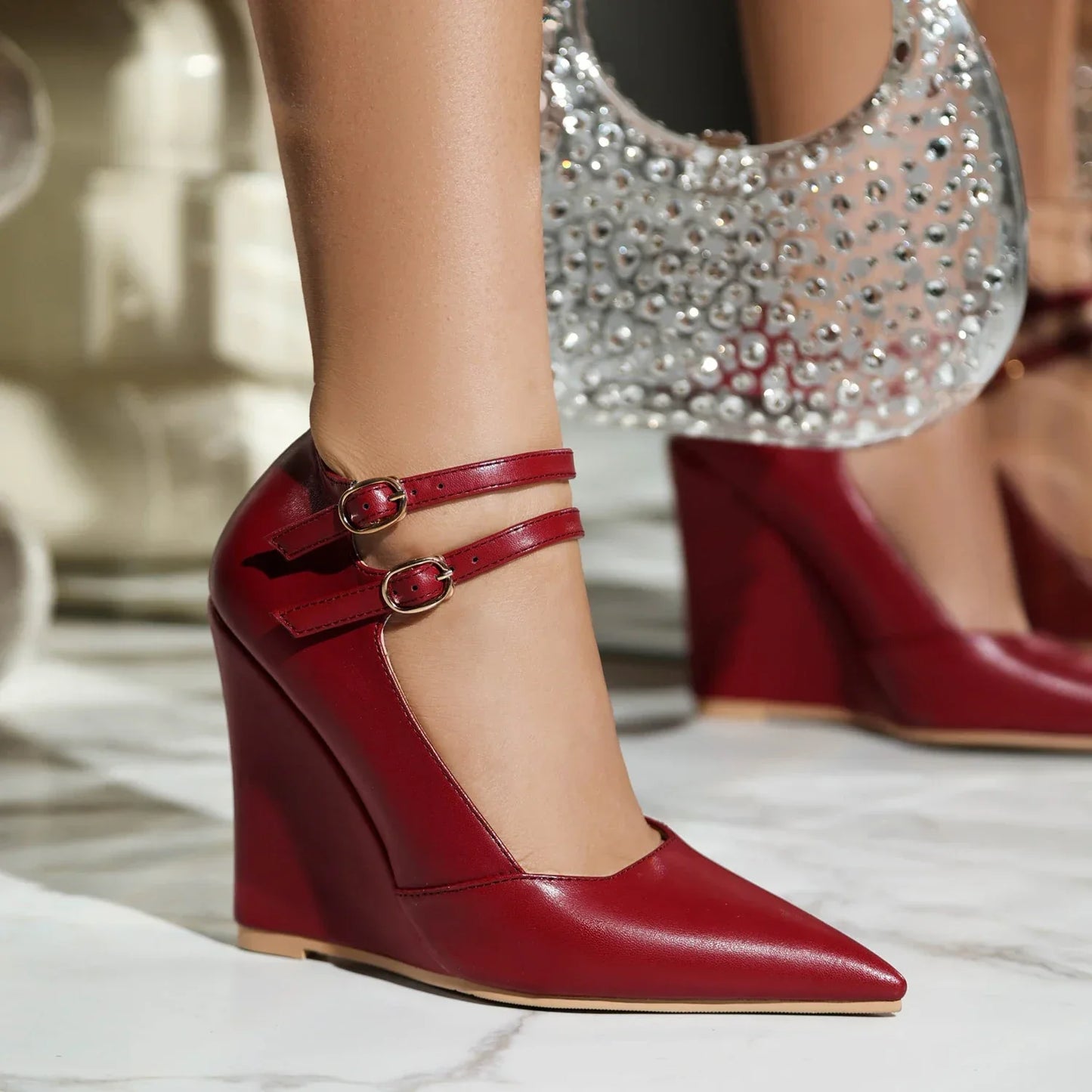 MQTIME - 2024 new spring summer women pumps plus size 22-28cm Superfiber upper pointed toe wedges buckle Mary Jane shoes high heels