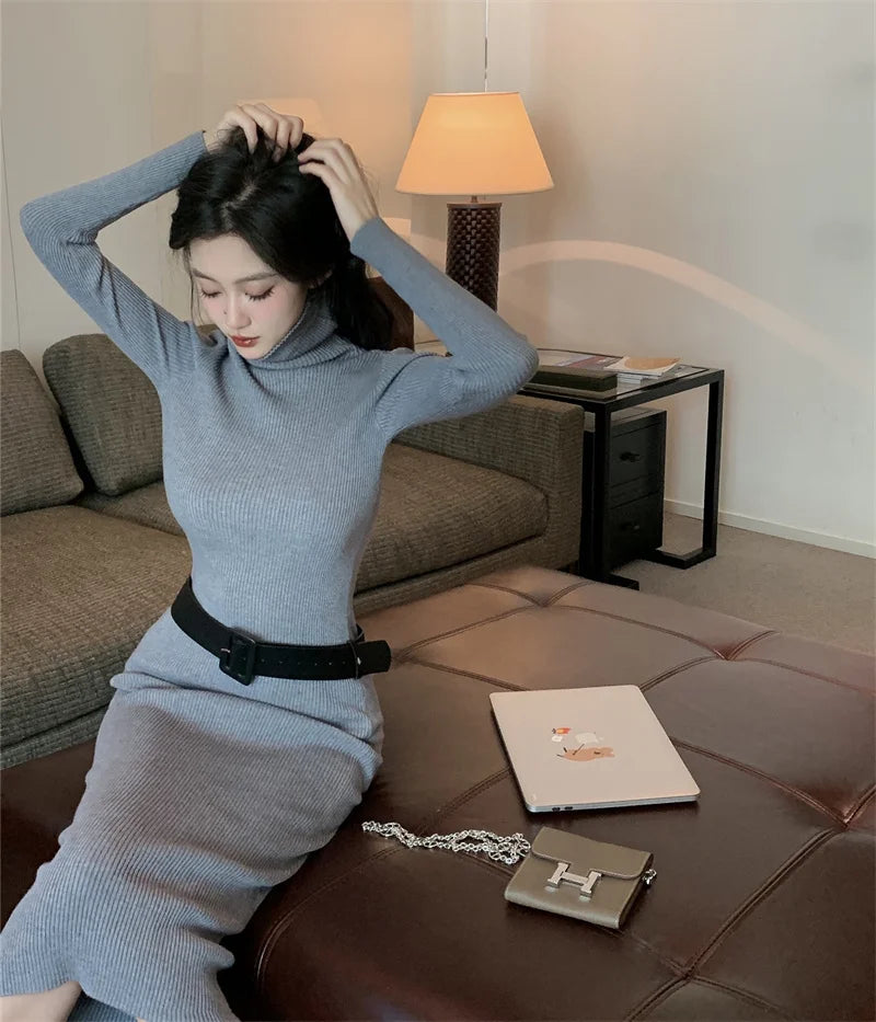 nvxiot autumn winter women solid elegant slim knitted dress korean long sleeve sweater dress office lady midi dress