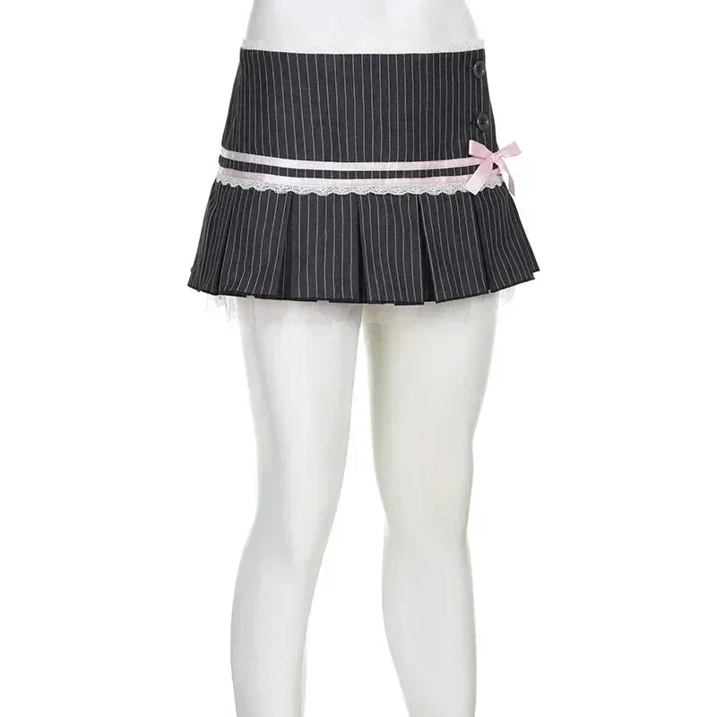 MQTIME - Vintage Black Plaid Stripe Pleated Skirt with Lace Bow Kawaii Skirts @E-girl 00s Fairycore 2000s Grunge Aesthetics Korean Cloth