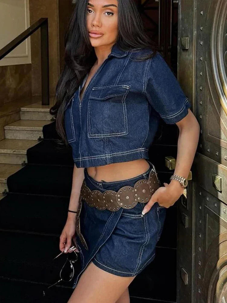 MQTIME - Denim Crop Coat Skirt Shorts 2 Piece Sets Women Fashion V-neck Short Sleeve Pocket Coats High Waist Short Summer Lady Streetwear
