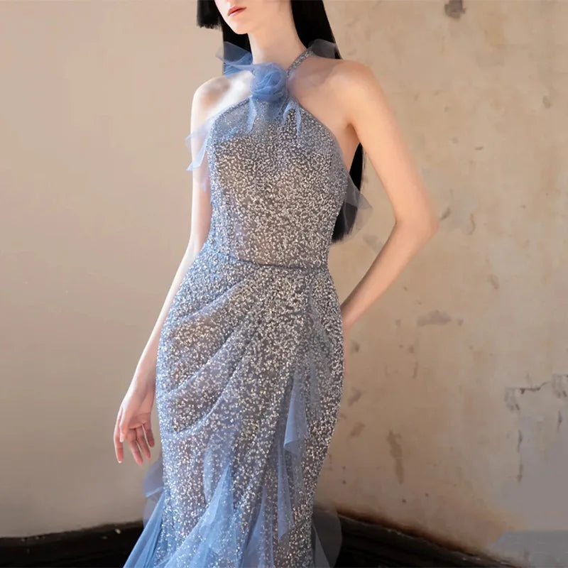 MQTIME - Women Blue Beading Prom Gowns Formal Halter Long High Split Evening Gowns Vestido De Fiesta
