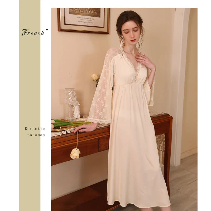 nvxiot - V-neck Long Sleeved Maternity Dresses Ice Silk Sweet Long Knee Sexy Pregnant Women's Sleeping Dress Soft Cozy Gravida Clothing