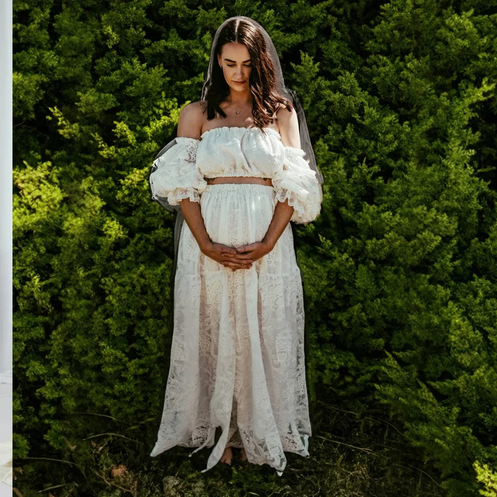 nvxiot - Fall Outfits 2024 Maternity Photography Dresses White Hollow Lace One Shoulder Long Sleeved Two-Piece Dress Bohemian Photography Dress For Women