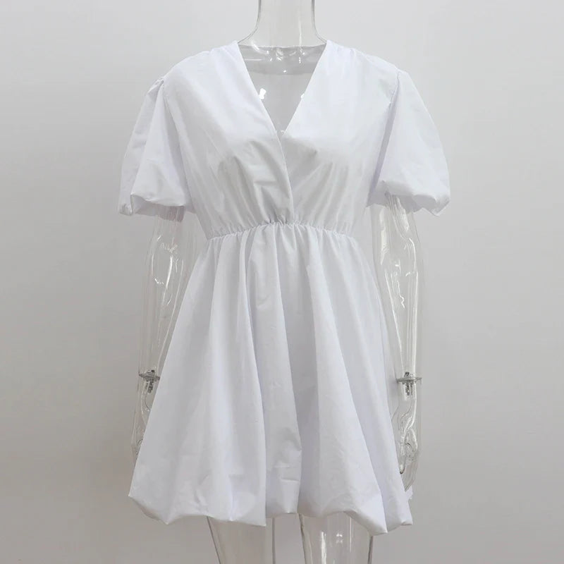 nvxiot Elegant V-Neck Lantern Pleated White Dresses For Women Fashion Solid Party Summer Mini Dress Princess Dress Vestidos