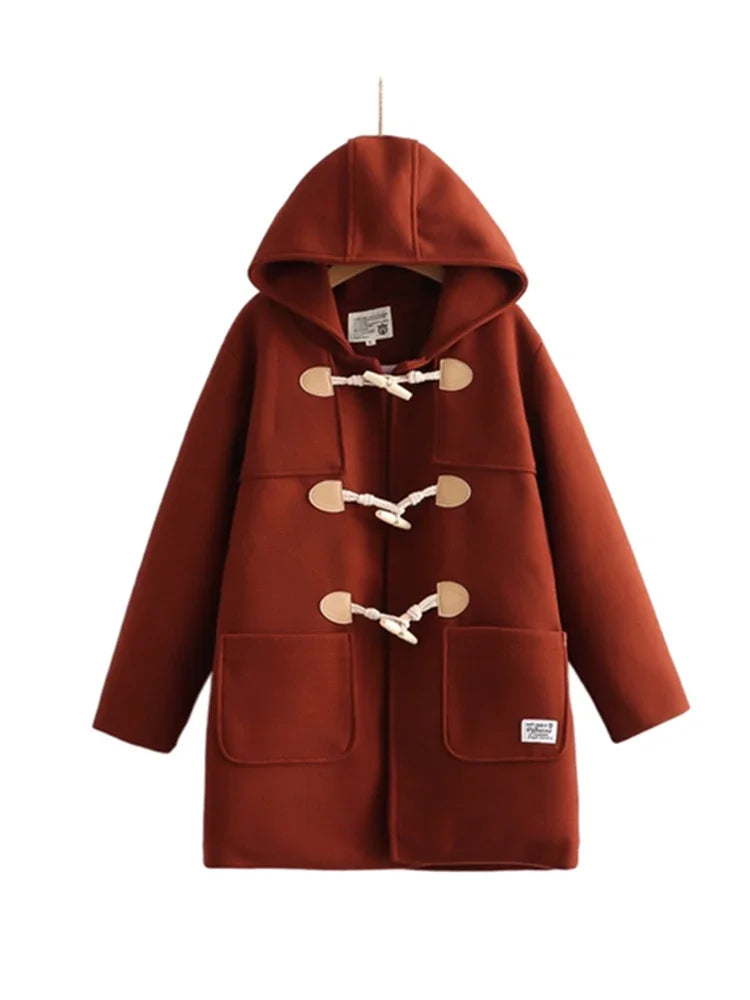nvxiot - Winter Women Wool Blends Coat Straight Long Hooded Coats Jacket Horn Button Sleeve Preppy Style Female Warmness Outwears