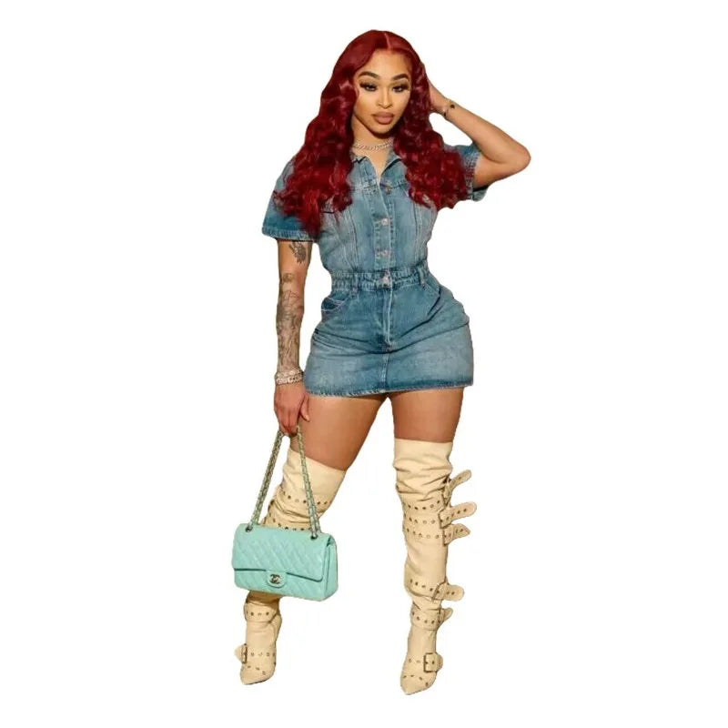 nvxiot - Fashion Slim Stretch Mini Denim Dress Women 2024 Spring Summer Turn Down Collar Short Sleeve Button Bodycon Casual Jeans Dresses