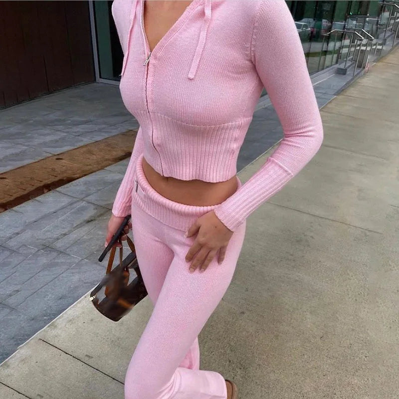 nvxiot 2024 Women Fashion Gentle Solid High Street Outfits New Slim Knitted Two Piece Sets Casual Zipper Short Coat + Long Pants Suits