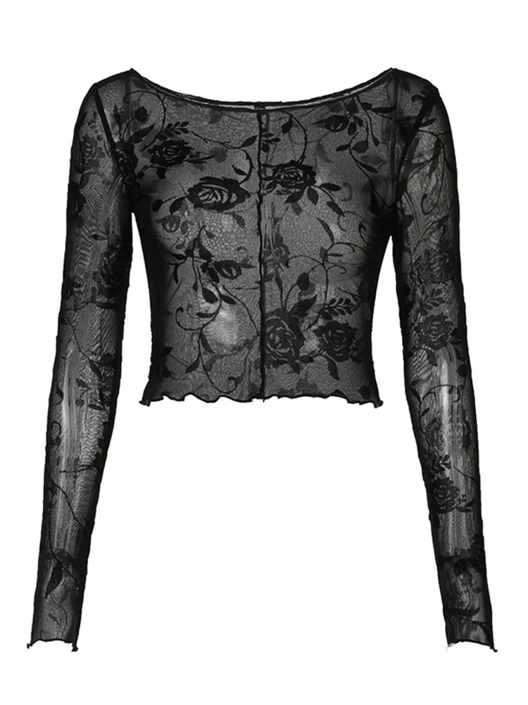 MQTIME - Sheer Mesh Patchwork Velvet Florals Crop Top Women Crew Neck Long Sleeved Slim T-shirt Hottie Autumn 2024 Streetwear