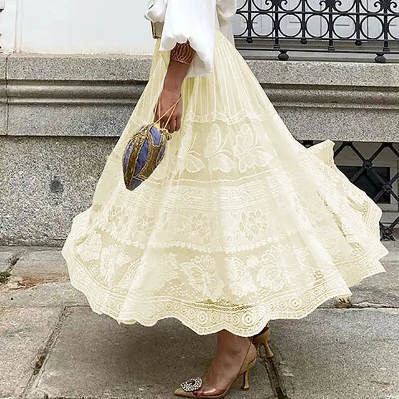 MQTIME - Elegant Embroidery Lace Swing Long Skirts 2024 Women Fashion Pleated Solid Party Skirt Summer Casual Loose Holiday White Skirts